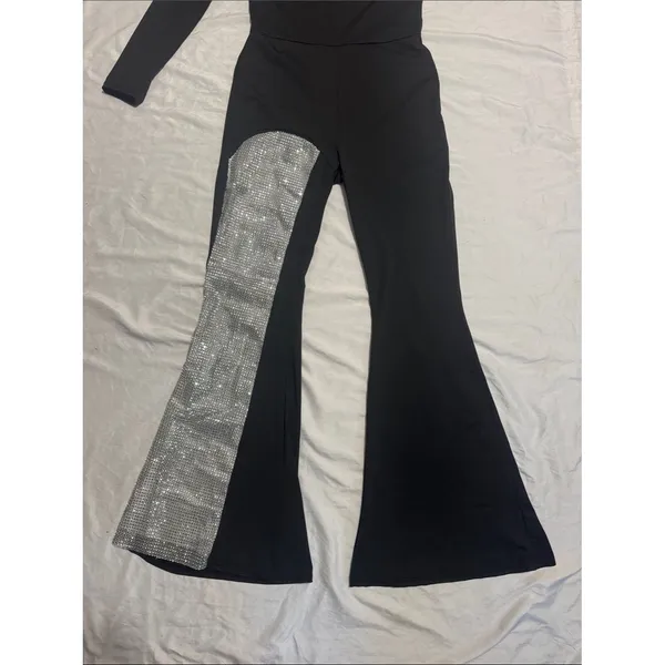 NWT Mundefeis Black One Shoulder Rhinestone Jumpsuit Flare Leg Party Romper S - Image 3