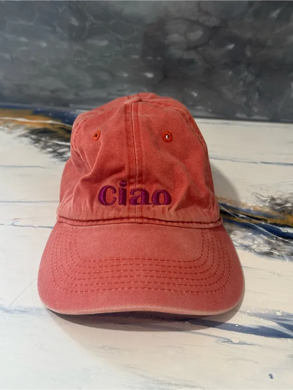 Free People Coral Baseball Cap with Purple 'ciao' Embroidery - Image 2