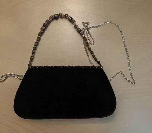 Beautiful Black Jeweled Beaded Crossbody Handbag Floral Fabric Pattern - Image 6