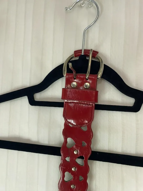 Vintage Red Heart Cutout Leather Belt Scalloped Edge Silver Tone Buckle 36" - Image 7