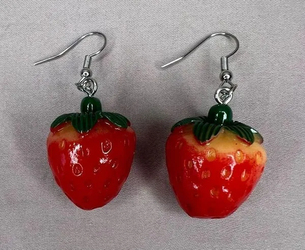 NWT Handmade Fun Strawberry Dangly Food Earrings - Image 2