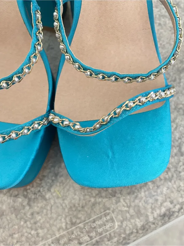 ASOS London Rebel Wide Fit Aqua Rhinestone Satin Platform Heels Size US 9 UK 7 - Image 3
