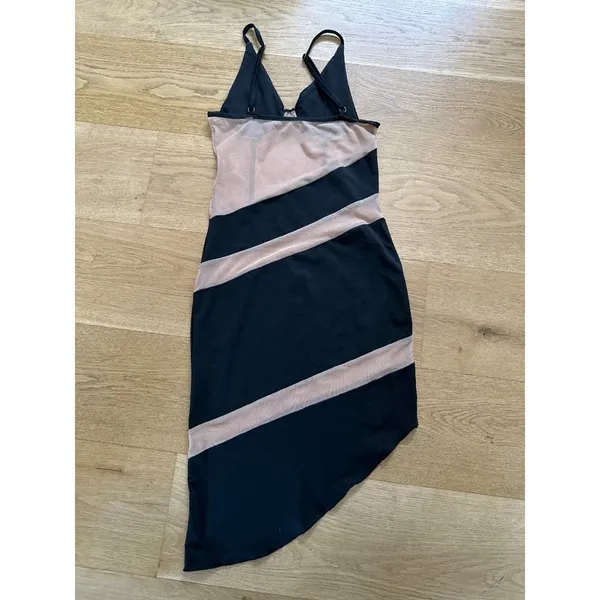 Mesh Asymmetrical Semi Sheer Dress in Black & Nude - Image 2