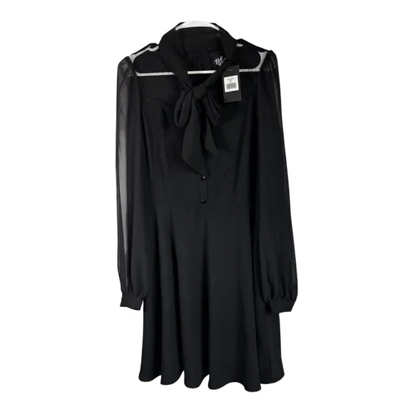 Hell Bunny Black Gothic Mock Neck Bow Long Sleeve Flare Dress Size L NWT - Image 3