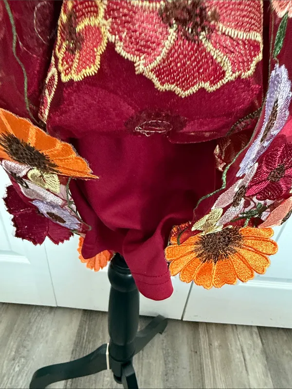 Nina Leonard Burgundy Floral Embroidered Midi Dress - Image 8