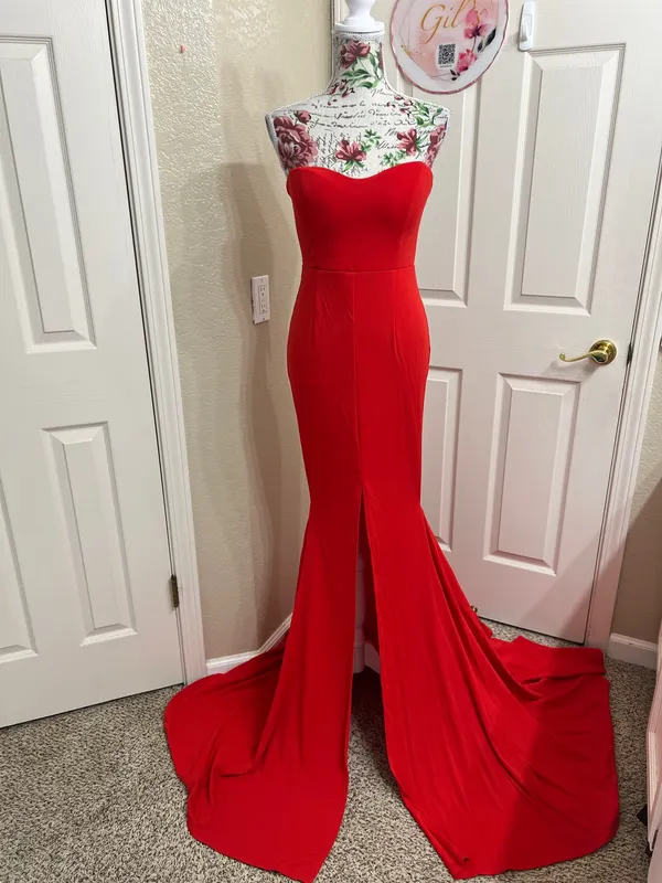 Miss Ord Red Strapless Mermaid Formal Gown Maxi Dress Slit Train - NWT Size S - Image 3