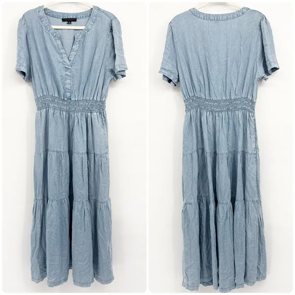 Jane + Delancey Womens Chambray Lyocell Smocked Waist Boho Tiered Midi Dress XL - Image 2