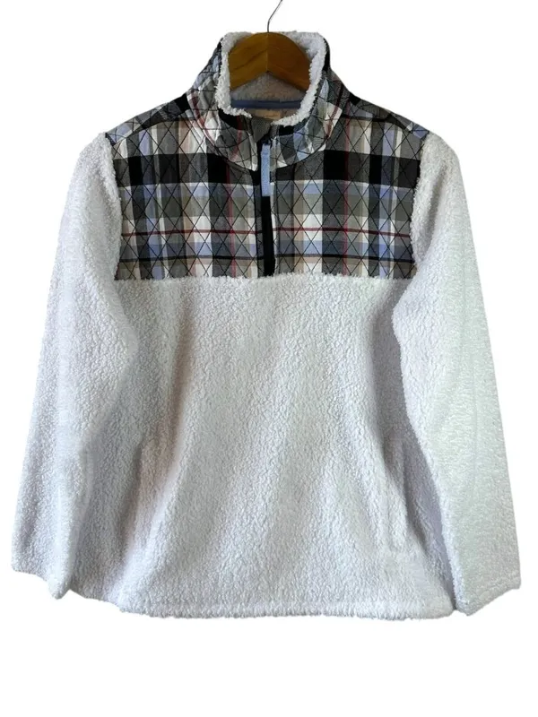 Vera Bradley Teddy Fleece Plaid Quarter Zip Pullover White Size M Casual Top - Image 2