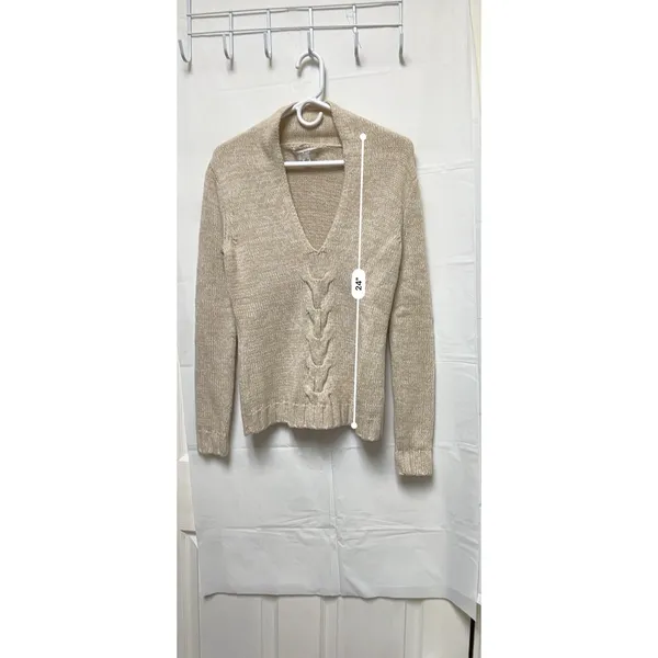 Banana Republic Womens Small Beige‎ Lambswool Cashmere V-Neck Cable Knit Sweater - Image 4