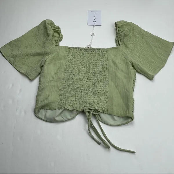 WAYF Secrets Kept Gathered Flutter Sleeve Top‎ XS Green Coquette NEW *TINY FLAW - Image 13