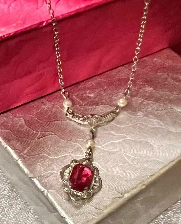 10K Gold 13” Red Stone/Pearl Drop Necklace - Image 15