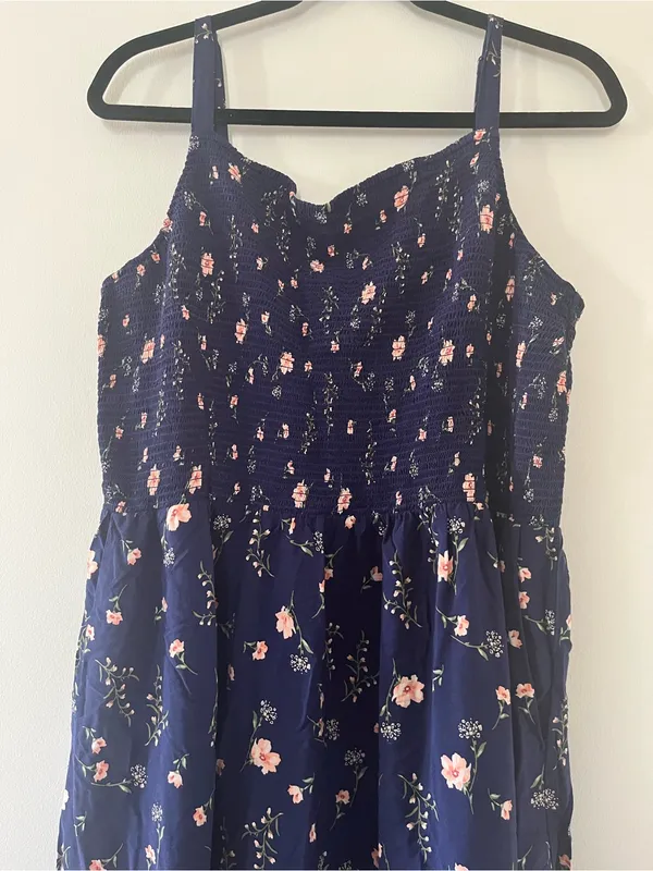 Old Navy Ditsy Floral Smocked Midi Dress XL Tall Navy Blue Pink Cottagecore Sundress - Image 2