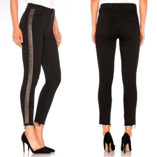 MOTHER Denim High Waisted Looker Ankle Fray Guilty Flash Black Embellished 28 - Image 2