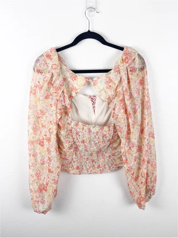 FREE PEOPLE Mabel Floral Ruching Sheer Balloon Sleeves Smocked Back Top Small - Image 2