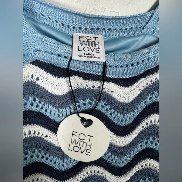 FCT With Love *FLAWED*‎ Crochet Blue and White Wave Mini Dress Size Large - Image 4