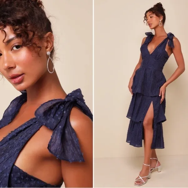LULU's Prom Wedding Boho Swiss Dot Bustier Chic Navy Midi Dress NWOT - Image 3