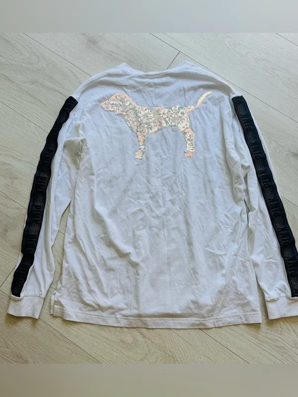 PINK Victoria's Secret White Pocket Tee with Black/Rainbow Sleeve Stripe - Image 2