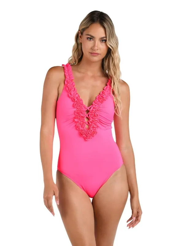 La Blanca Womens Island Goddess Ruffled Plunge One Piece Swimsuit Bright Pink 4 - Image 7