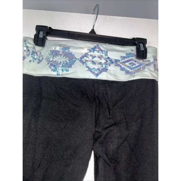 PINK Victorias Secret Yoga Pants Black Flare Sequin Foldover Waist Small Regular - Image 4
