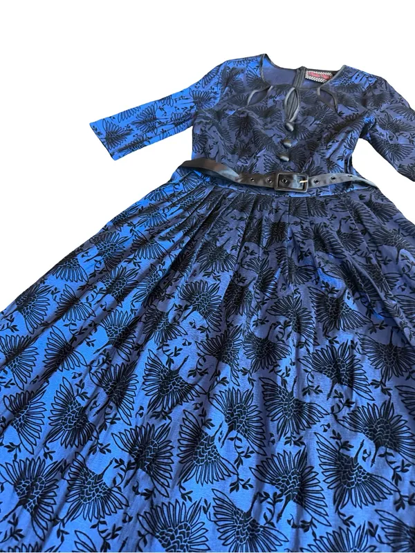 Voodoo Vixen Blue Black Bird Print Belted Fit Flare Midi Dress Medium Women's - Image 7
