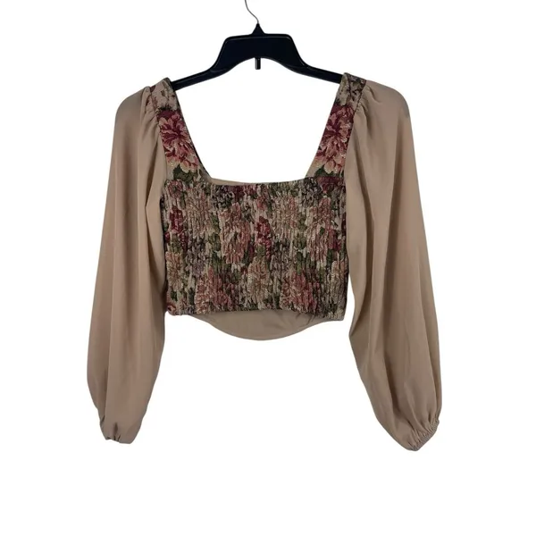 Tapestry Floral Crop Top Square Neck Puff Sheer Sleeve Renaissance Cottage Top S - Image 2