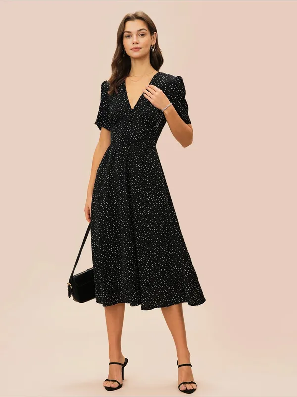 Rihoas Black V Neck Polka Dot Midi Dress - Image 4