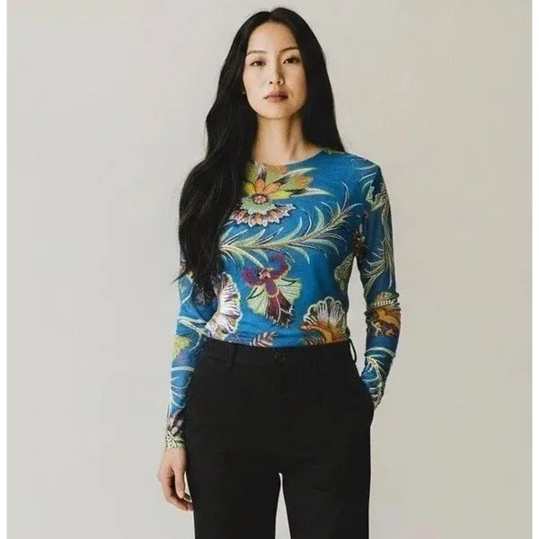 Petit Pois Viviana G Mesh Top Size L Sheer Exotic Flowers Peacock Artsy Boho - Image 4