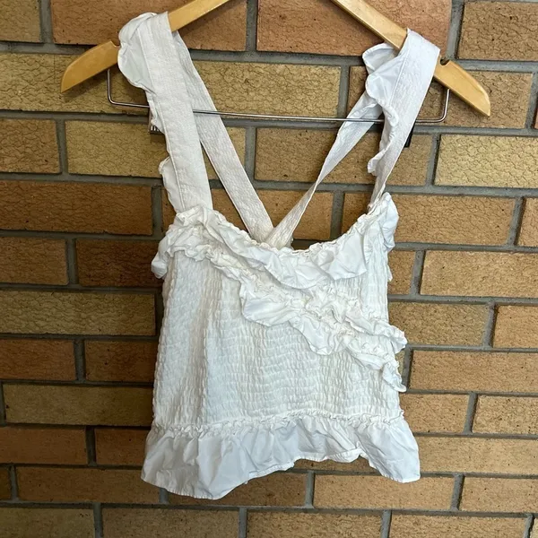 Maeve Anthropologie Smocked Ruffle Tank Ivory/White Size Small - Image 3