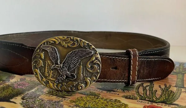 Vintage Distressed Stitched Brown Genuine Leather Eagle Buckle Belt - L - Image 12