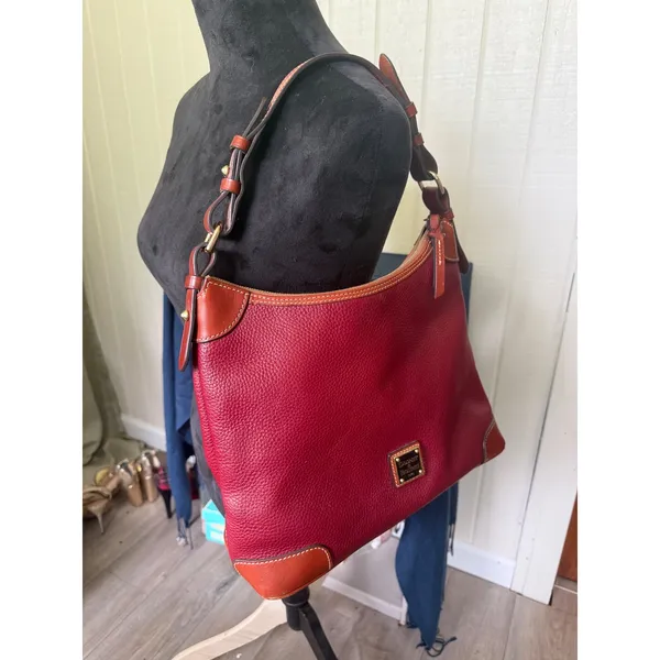 Dooney & Bourke Pebble Grain Leather Hobo Shoulder Bag Burgundy Wine Tan Trim - Image 11