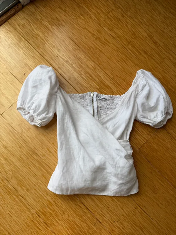 Reformation Framboise White Linen Puff Sleeve Top Size 4 - Image 2