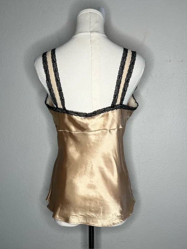 Vintage California Dynasty Gold Satin Lace Trim Babydoll Cami Tank Top Y2K Fairy - Image 2