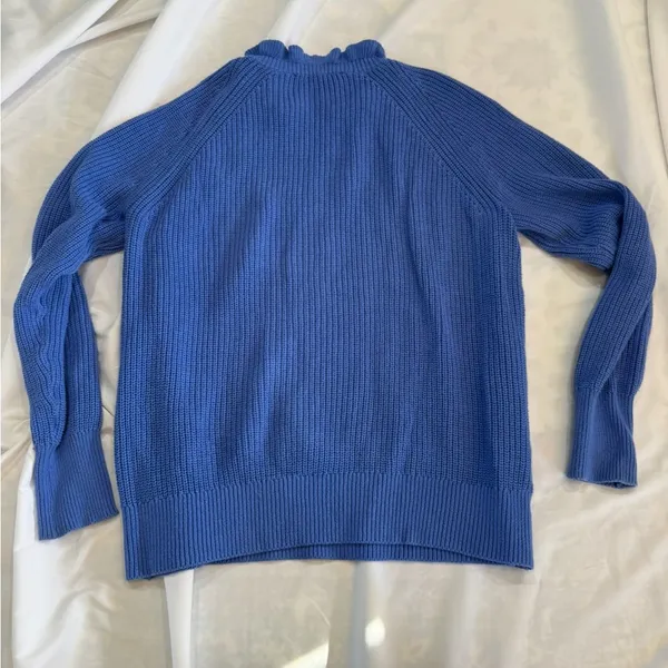 LOFT Blue Crew Neck Knit Sweater with Button Accents Ruffles Medium - Image 2