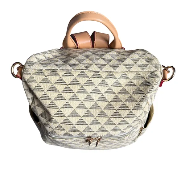Geometric Print Convertible Backpack Bag Travel Tote Cream Taupe - Image 9