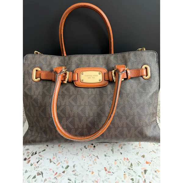 Michael Kors Hamilton Satchel Brown Logo PVC Leather Preppy Classic Tote Bag - Image 7