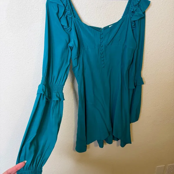 For Love & Lemons Teal Blue Ruffle Long Sleeve Mini Peasant Dress Womens Size M‎ - Image 3