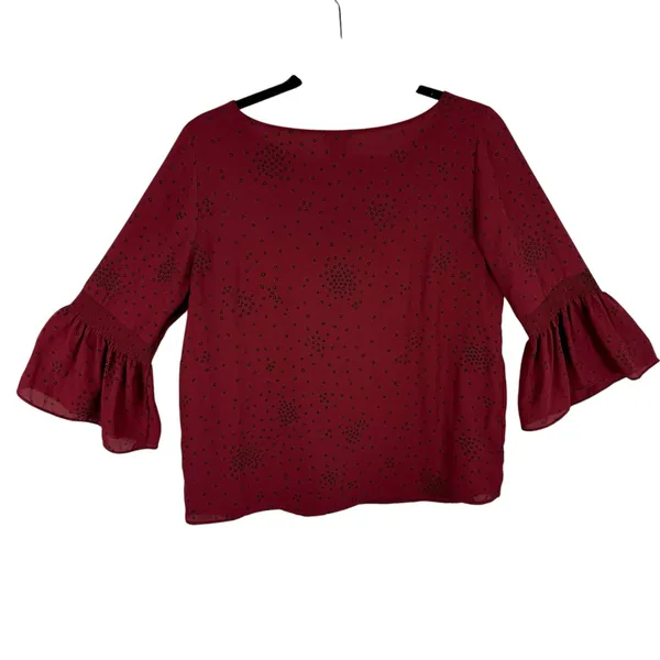 Ann Taylor Red Black Patterned Round Neck 3/4 Bell Sleeve Lightweight‎ Blouse S - Image 2