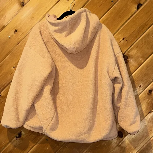 Fabletics Lotta Sherpa Half Zip Hooded Sweatshirt Jacket in peach tan - Image 9