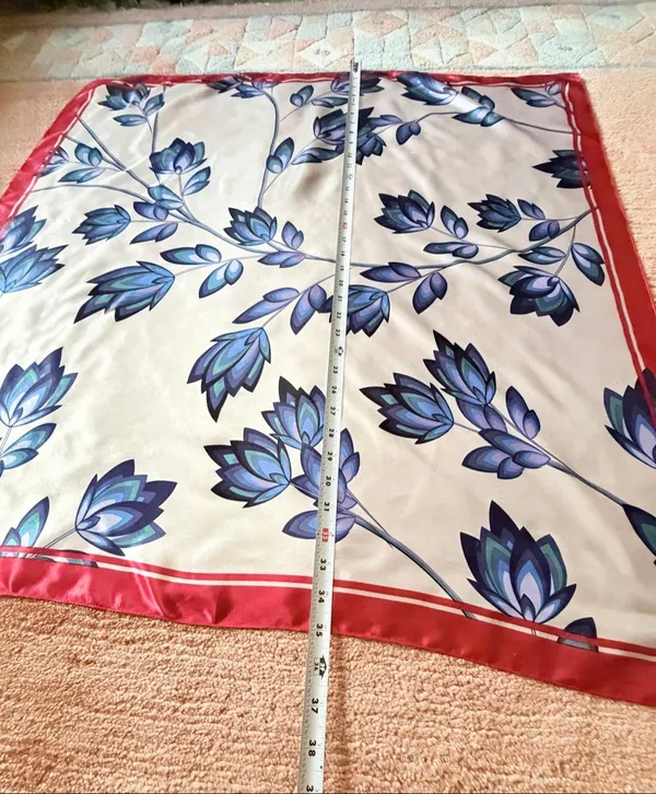 Large Square Floral Scarf Red Blue Ivory 35” - Image 2