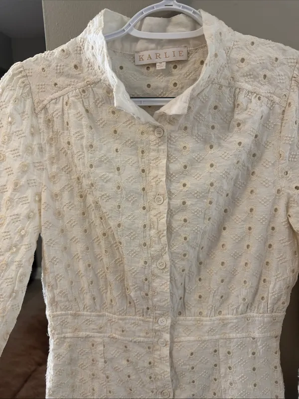 $198 Karlie Cream Eyelet Button-Front Ruffle Mini Dress M - Image 5