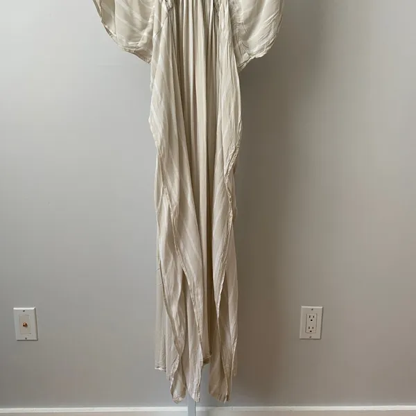 Indah Rayon Boho Beachy Coastal Flowy Striped Smocked Maxi Dress S/M Tan White - Image 3