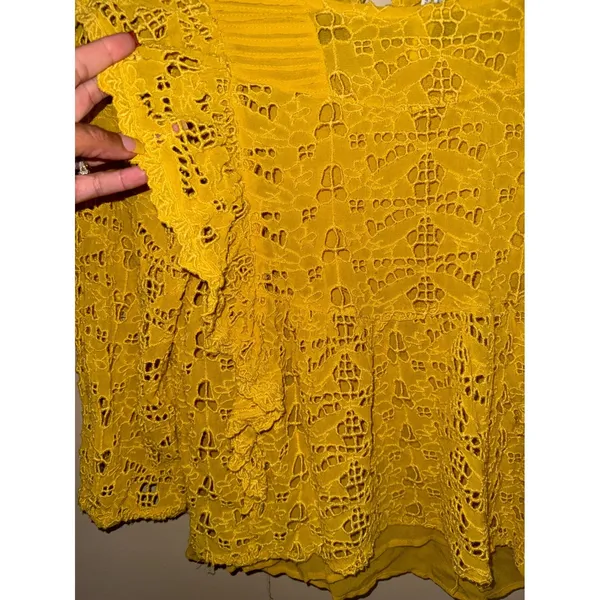Anthropologie Mustard Yellow Eyelet Lace Ruffle Peplum‎ Blouse Top 6 Whimsical - Image 5