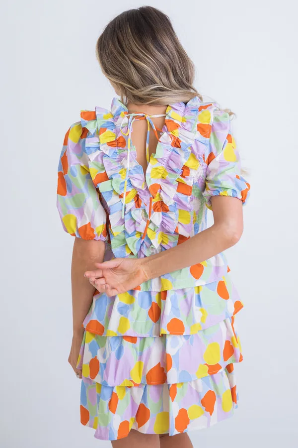 Karlie Mosaic Print Colorful Ruffle Detail Tiered Mini Dress - Image 3