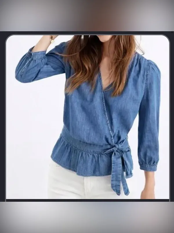 Madewell Blue Denim Wrap Peplum Blouse Size Medium Cottage Core - Image 2