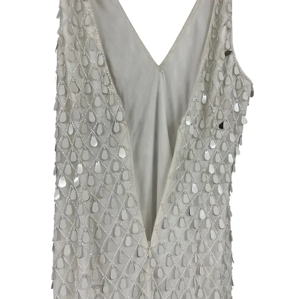 Liv Foster Beaded Sequin Lattice V-Neck Mini Dress Ivory Silver Size 6 - Image 6