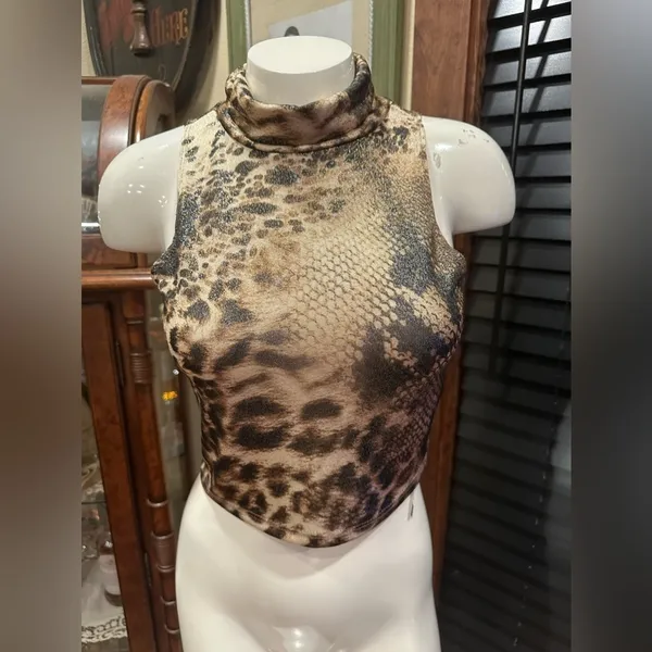 POETRY Crop Top Mixed Animal Print Snake Leopard Glam Minimalist Mock Neck S - Image 3