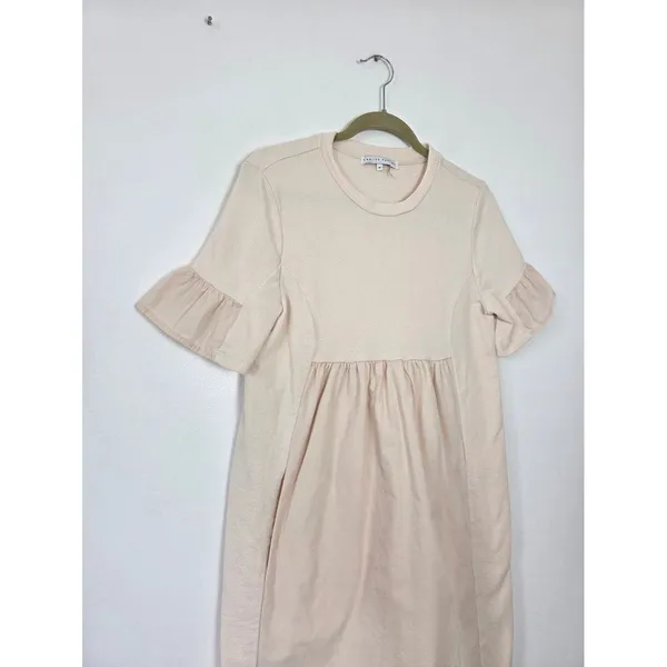 English Factory Mini Babydoll Shift Dress Beige Ruffle Tea Party Brunch Coquette - Image 2