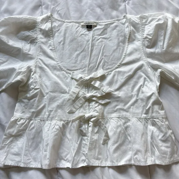 American Eagle Blouse Tie Front Puff Sleeve‎ Peplum Top Womens Small Oversized - Image 2