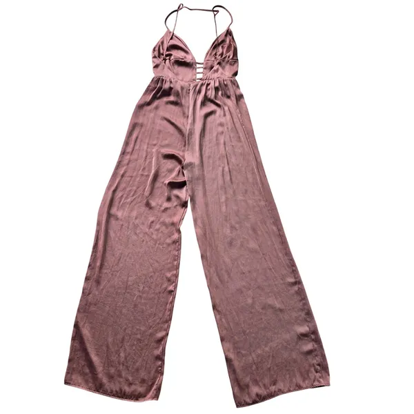 ASOS NWT 25Y Women Mauve Satin Wide Leg Jumpsuit Strappy V-Neck Open Back Size 6 - Image 4