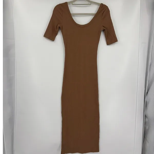 Signature 8 Mocha Ribbed Bodycon Maxi Dress Small Clean Girl Minimalist Neutral - Image 7